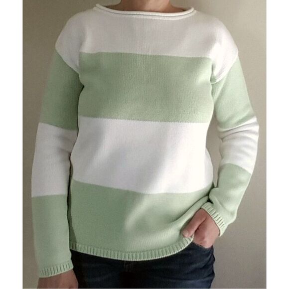 Lauren Ralph Lauren Petite Striped Knit Sweater Women’s Small Green White Cotton - Picture 1 of 7